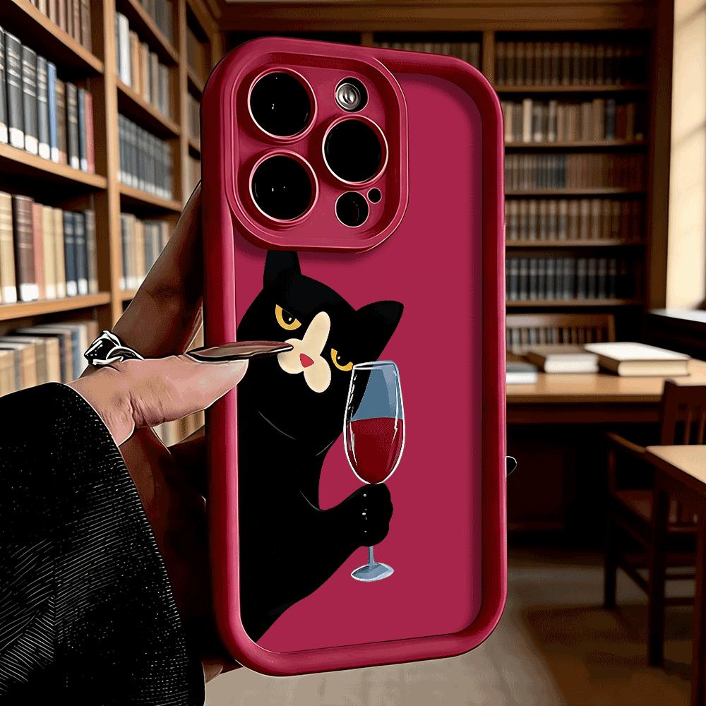 Black Cat with Red Wine Shockproof Soft Phone Case For Xiaomi Redmi Note 15 14 13 12 11 10 9 8 Pro Anti-Slip Anti-Fall Cover