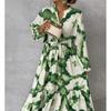 LYRIA Summer Elegant Women Maxi Dresses Fashion Green Print Long Sleeve V Neck Waist Adjustment Long Dress Female Party Vestido