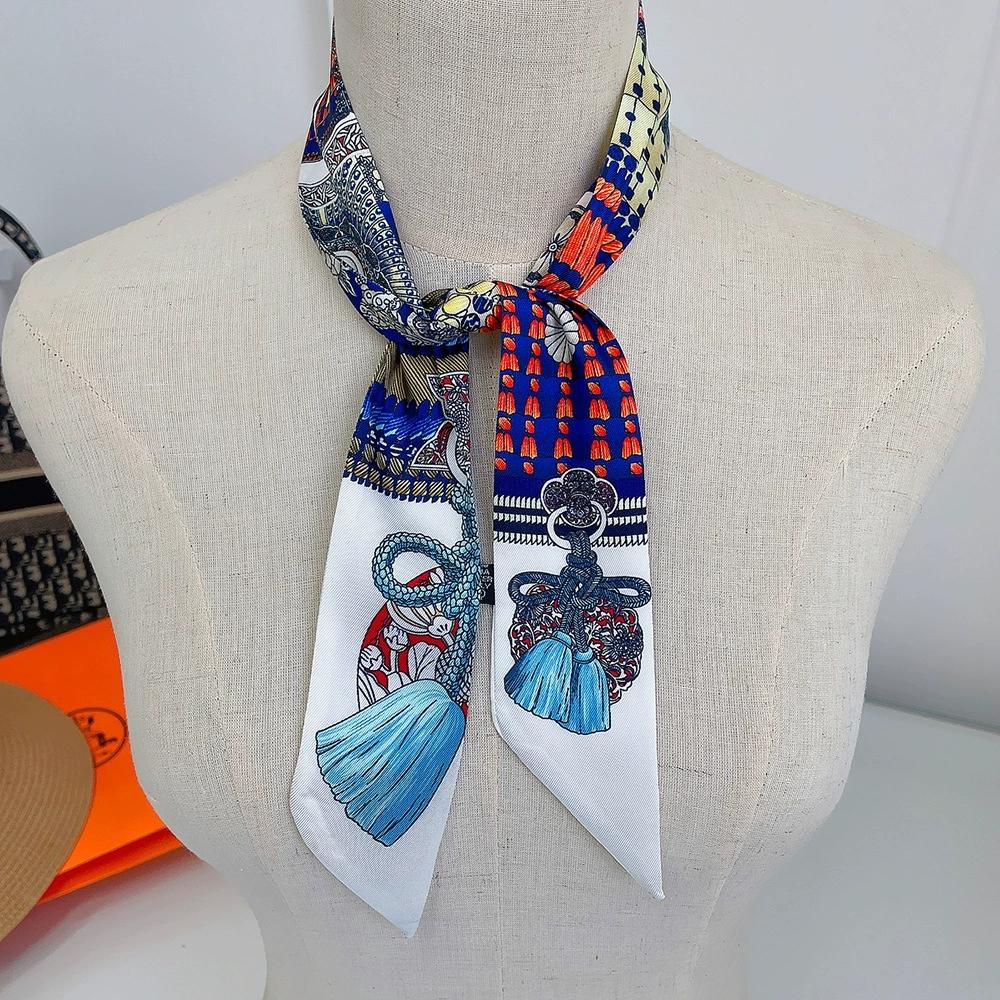 Women Tassel Printing Skinny Bag Scarf Brand Silk Foulard Women Ribbon Neck Tie Scarves For Ladies