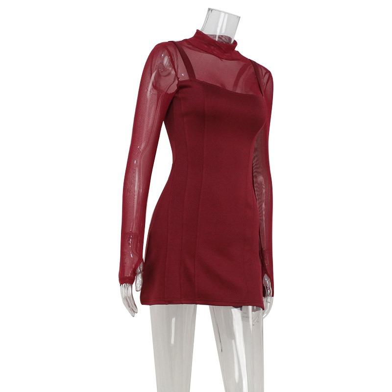 Women's Spring Fashion Temperament Mesh Patchwork Semi-high Neck Waist Dress