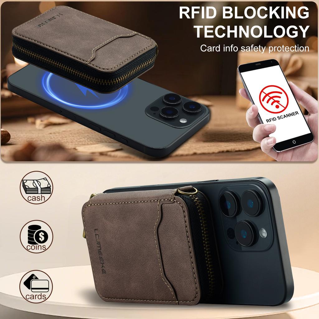 Magnetic Attraction Zipper Leather Card Slot Wallet for iPhone 17 Samsung Galaxy Google Xiaomi Phone MagSafe Magnetic Phone Bag