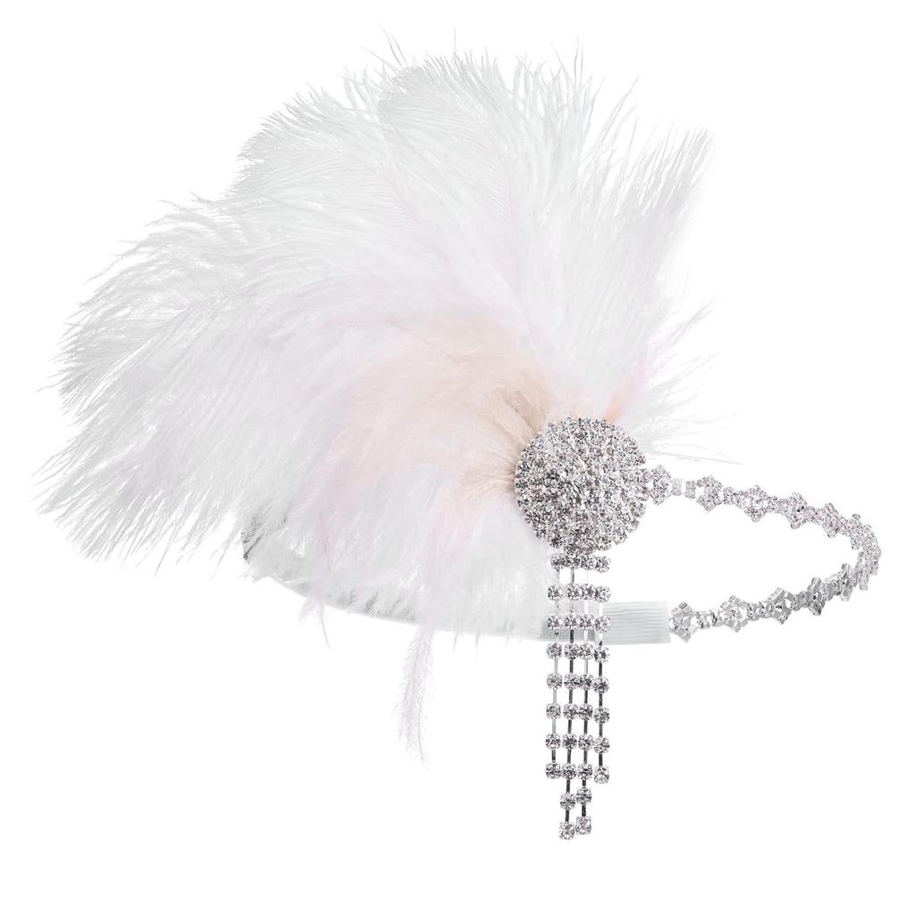 Roaring Twenties Gatsby Rhinestone Feather Headdress - White