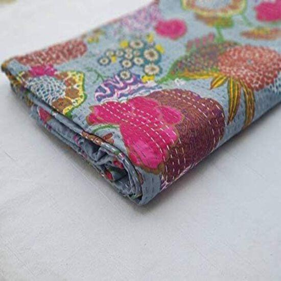 Aizza Trends Handmade Pure Cotton Printed Kantha Quilt  - Traditional Look Bed Spread Kantha Gudri - Vintage Hand Stitch Gudri