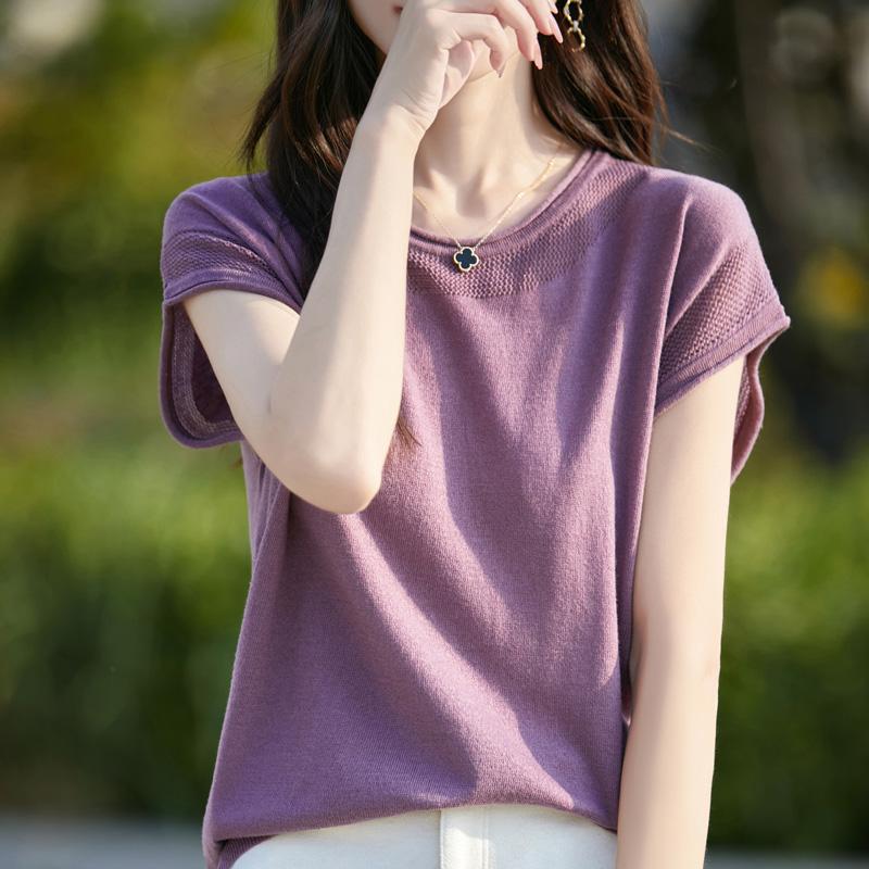 Dámský vlněný pulovr s krátkým rukávem kašmír Qinghe 50% hedvábí 50% vlna jaro a léto vlněná bezrukávová vesta měkká a pohodlná