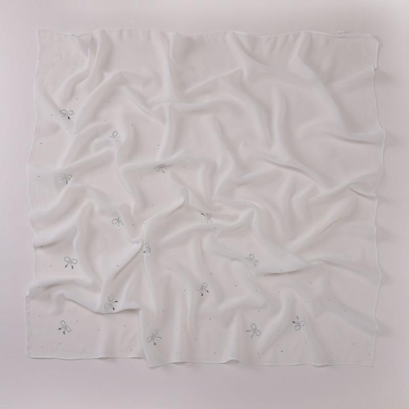 Simple Solid Color Star Bow Rhinestone Chiffon Square Scarf For Women