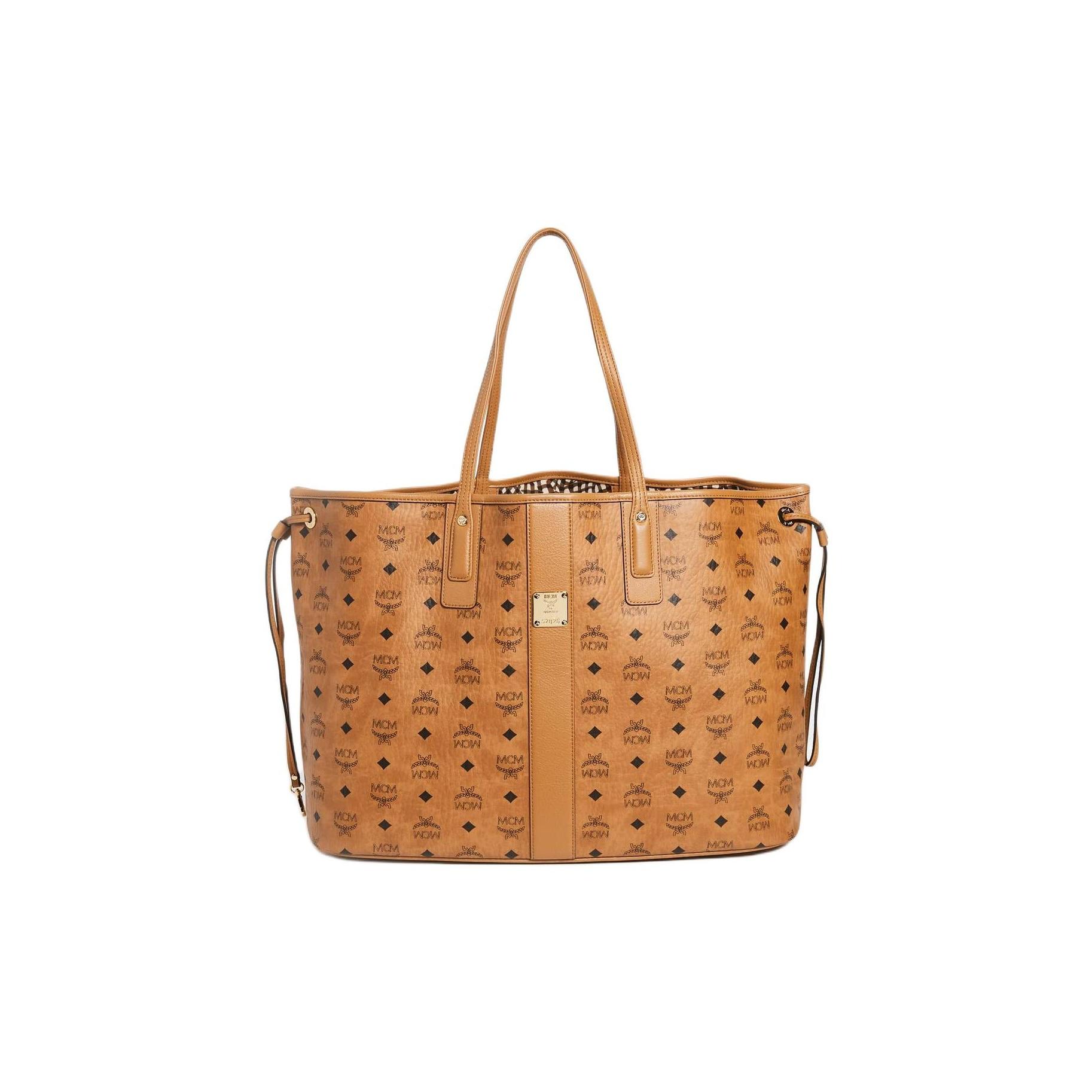 

MCM Cognac Visetos Monogram Large Tote Bag with Side Drawstrings & Gold Logo Plate for Daily & Travel Use Basic Set (Bag+Dust Bag)