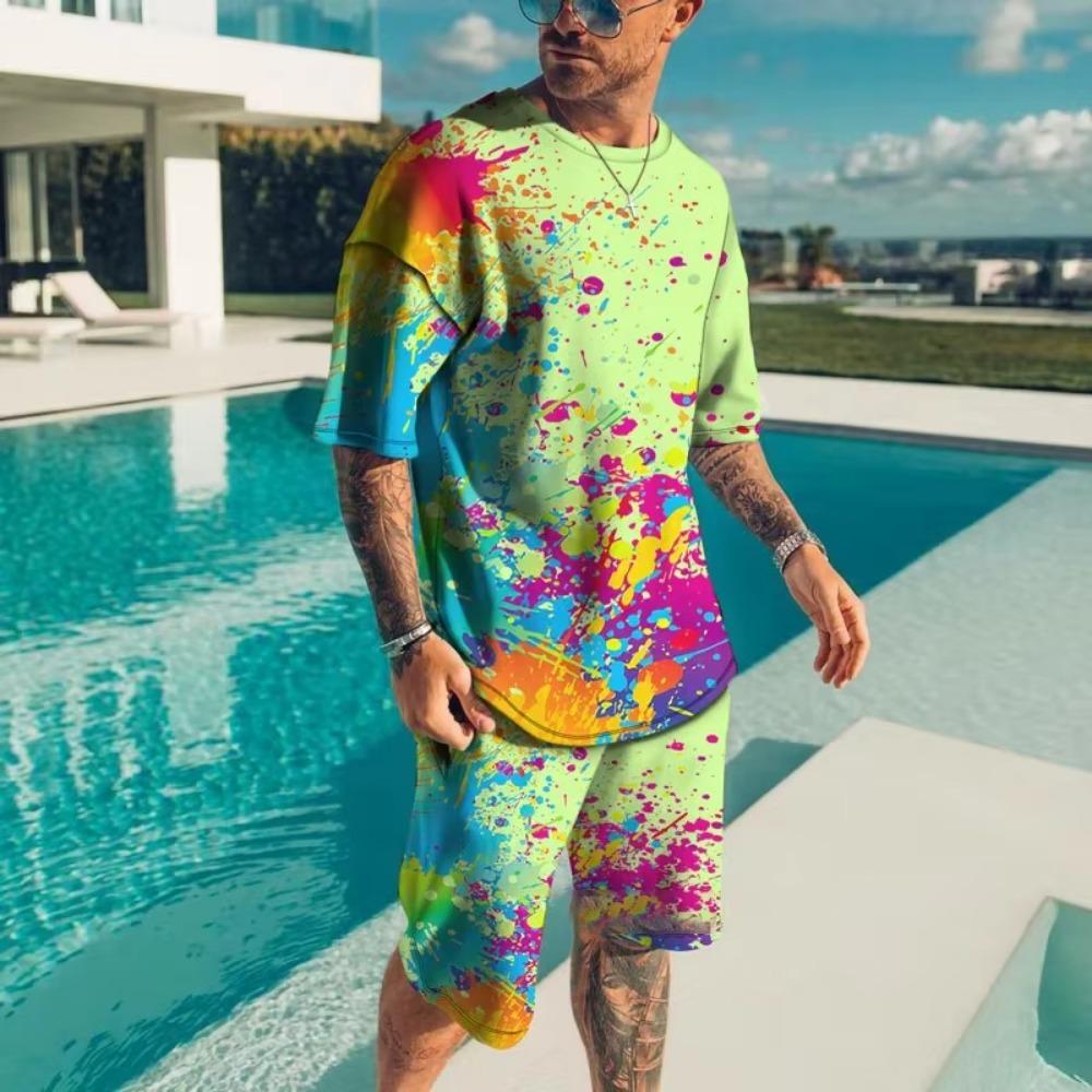 

Fashionable Men s Sportswear Summer Beach Short Sleeved 3D Printed Shirt Set Street Wear T-shirt Shorts Men s Loose Size Clothes S