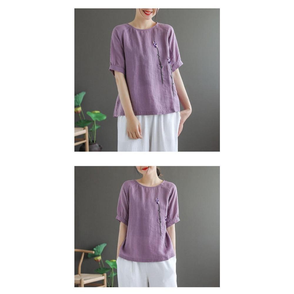 Artistic Retro Flower Embroidery Cotton Linen Round Neck Short Sleeved T-shirt for Women Summer New Loose and Versatile Top for Women