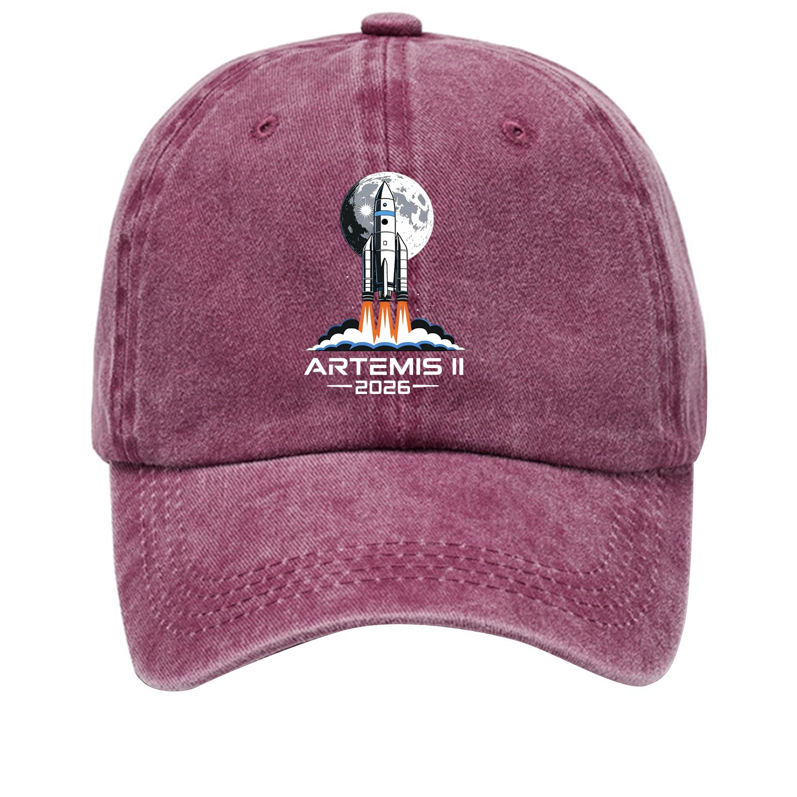 

Washed Cotton Baseball Cap Vintage Style Soft Top Denim Hat with Printed Rocket Design Adjustable Back Strap for Casual Wear One Size винний