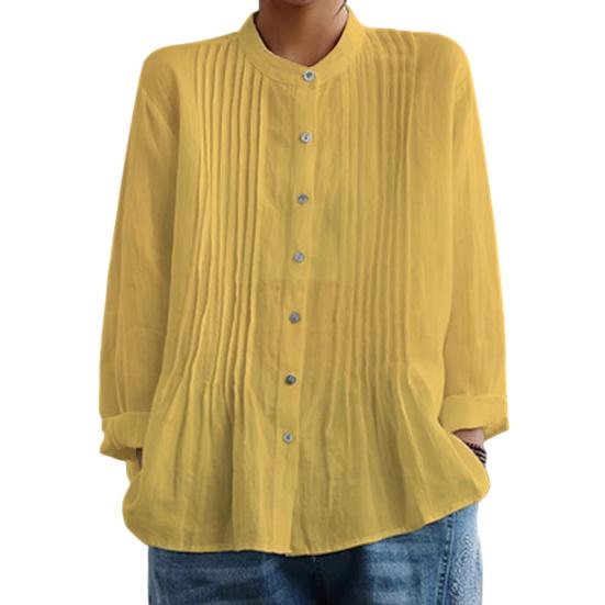Women Shirt Pure Color Stand Collar Long Sleeve Single-Breasted Button Casual Tops Work Party S жёлтый