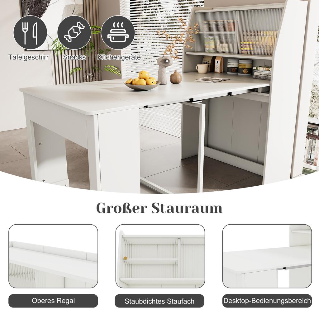 Extendable Dining Table, L52/132.5xW80xH76cm, One-Way Extending, Storage Cabinet, Rectangular, Coffee Lounge, Space-Saving Multifunctional, White