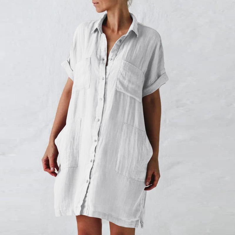 Abito Camicia Donna Estivo Vintage Cotone Lino Casual Manica Corta Ampio Taglia Grande Abito Donna Moda Tasche Collo a Punta Monopetto Vestiti 1006