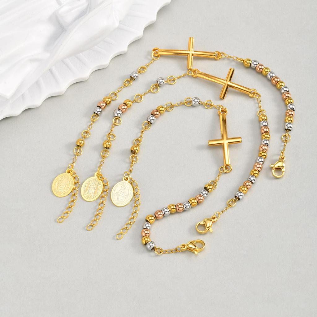 Stainless Steel Cross Bend St. Benedict Virgin Round Three-Color Beaded Gold Bracelet Women Br-2582