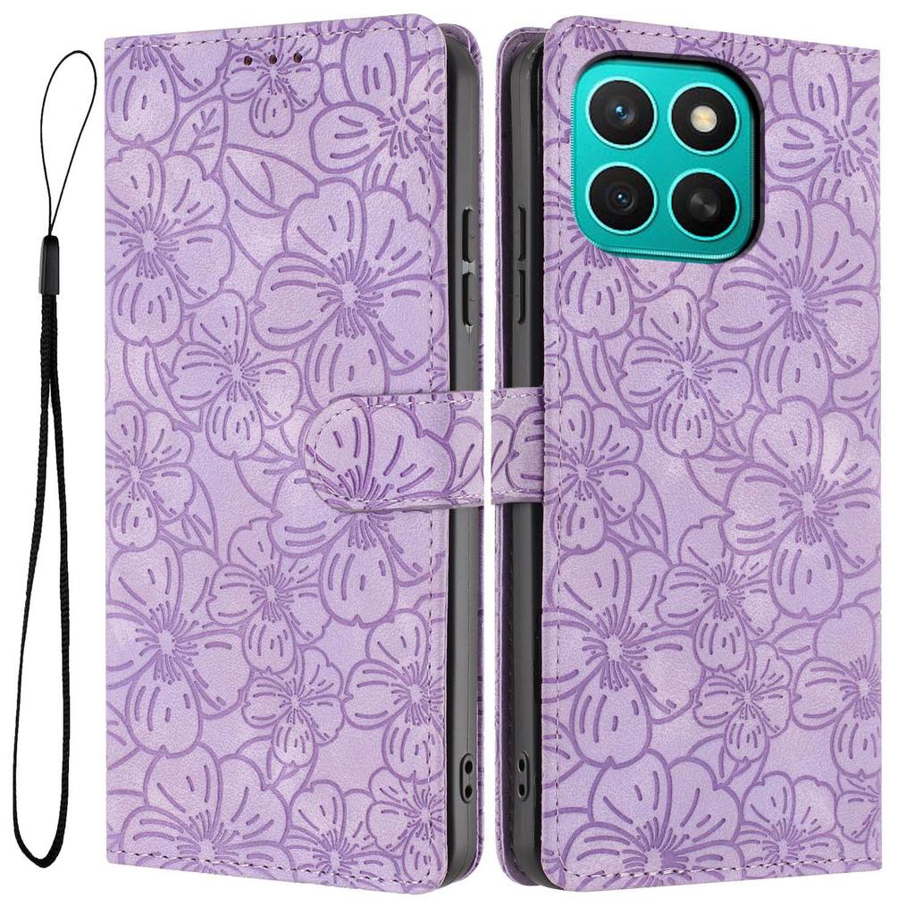 For Honor X8c 4G Flip Case Cherry Blossom Pattern Leather Wallet Stand Phone Cover with Wrist Strap