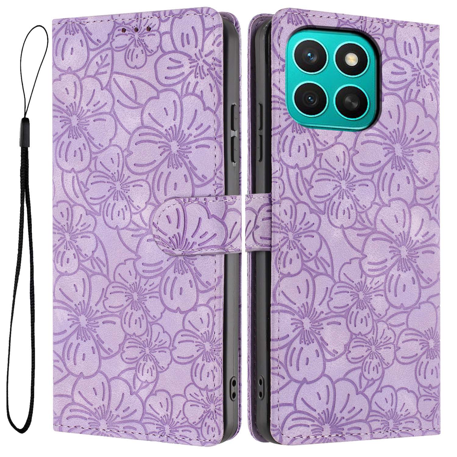 

For Honor X8c 4G Flip Case Cherry Blossom Pattern Leather Wallet Stand Phone Cover with Wrist Strap