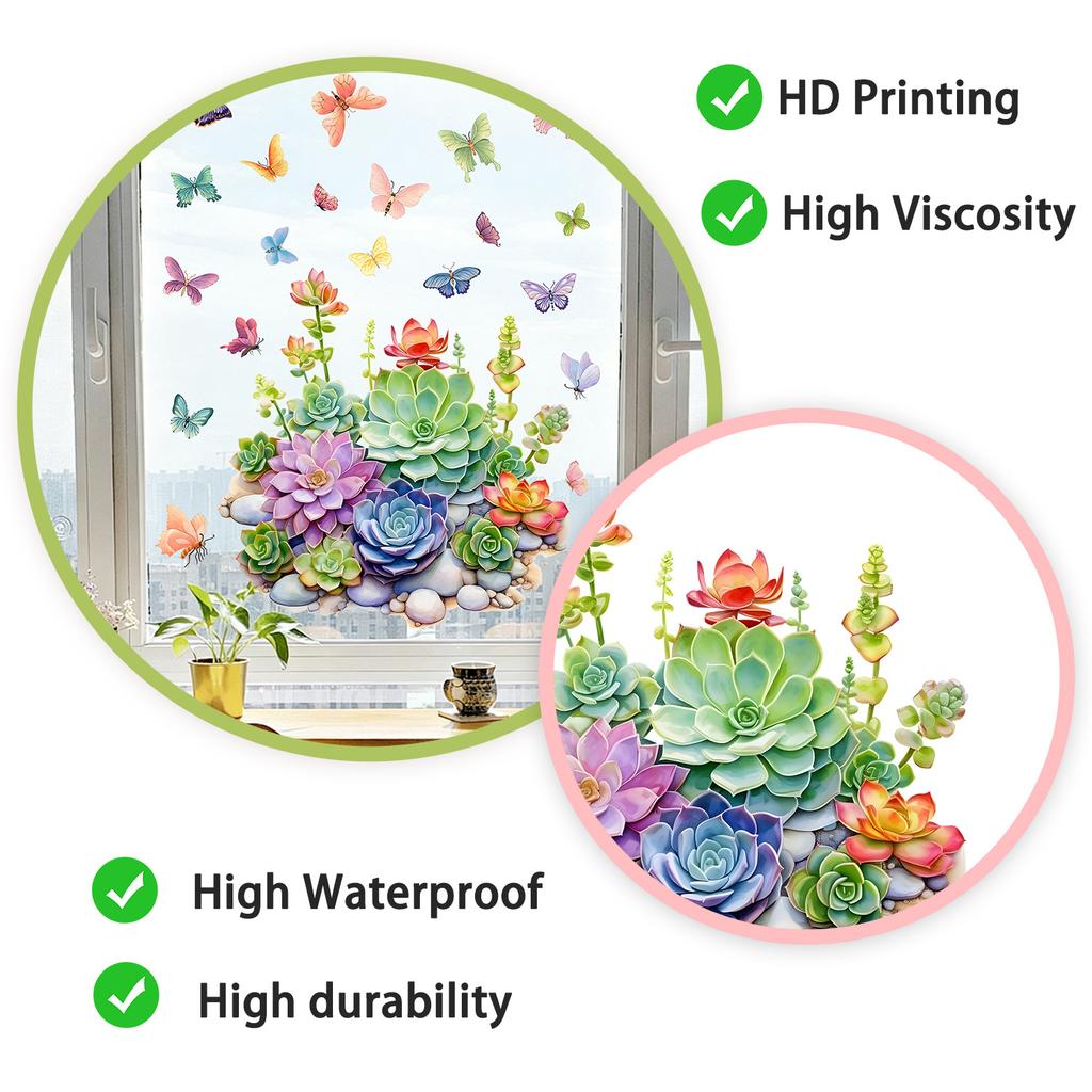 Succulent Plants & Butterflies Static Cling Window Sticker Removable Self-Adhesive for Bedroom Living Room Balcony Hallway Home Decor Art