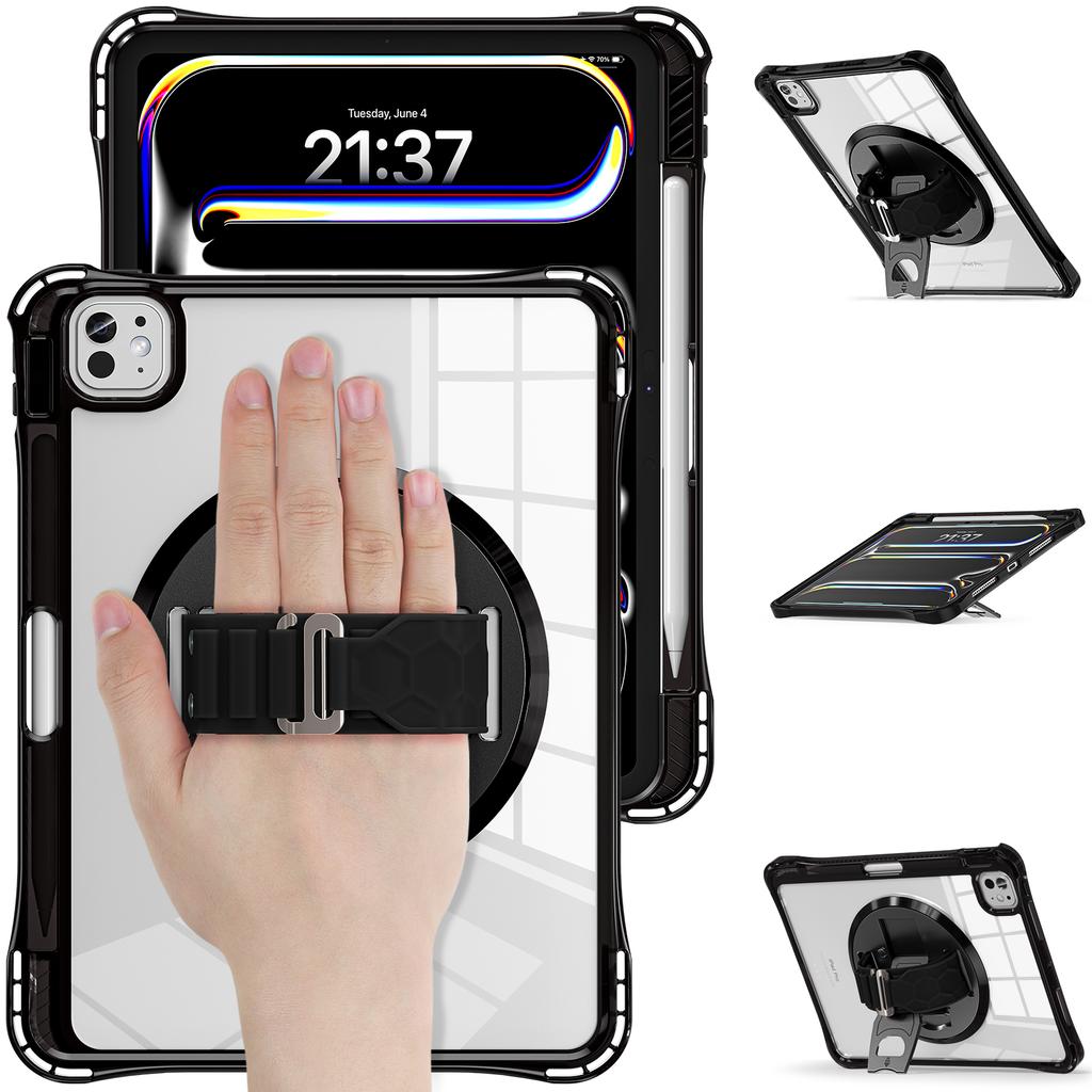 For iPad Pro 11 (2024) Case Hand Strap Kickstand PC+TPU+Acrylic Clear Tablet Cover