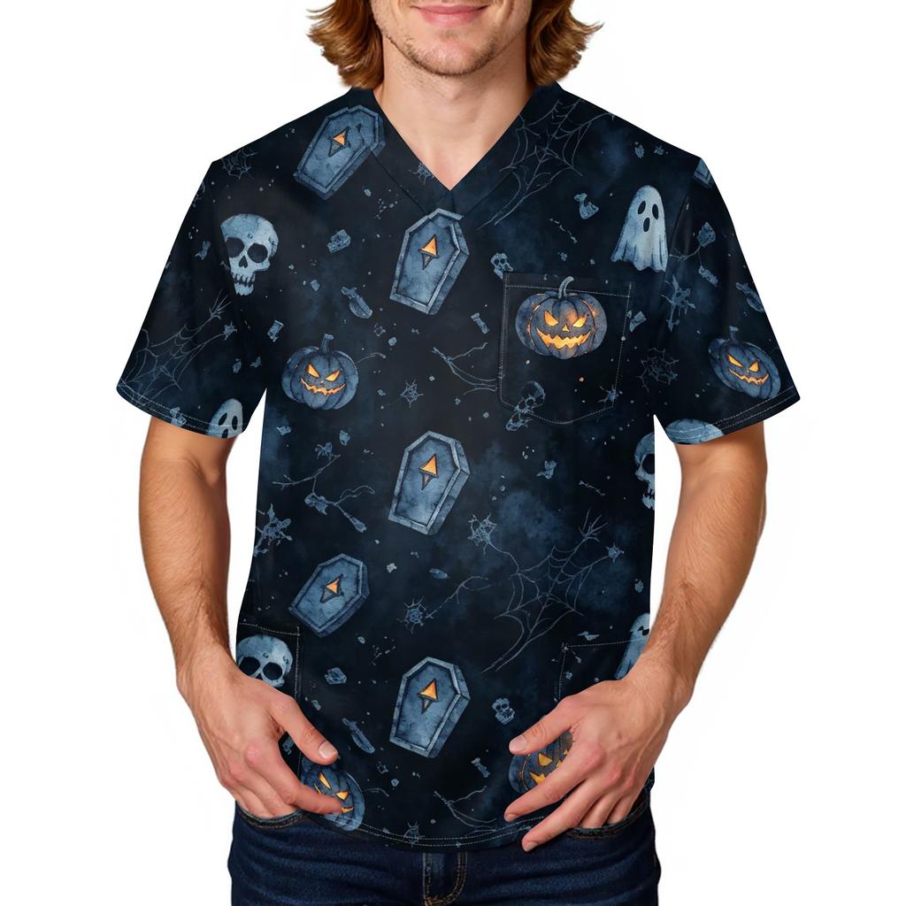 Men's Halloween Print Medical Scrub Top V Neck Tie Pocket Comfortable Fit Workwear for Healthcare Professionals Daily Use