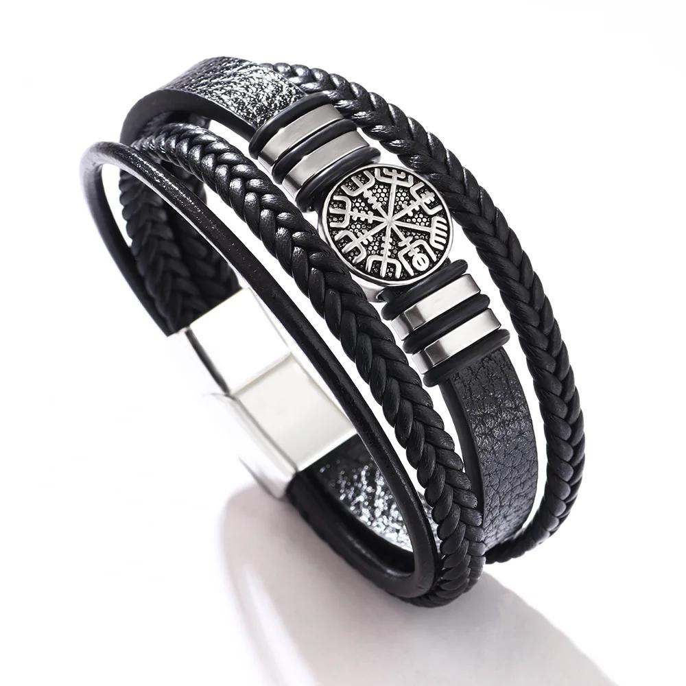 Trendy Norse Viking Men Bracelet Fashion All-match Multi-layer Braided Leather Bracelets Scripture Compass Birthday Party Gifts