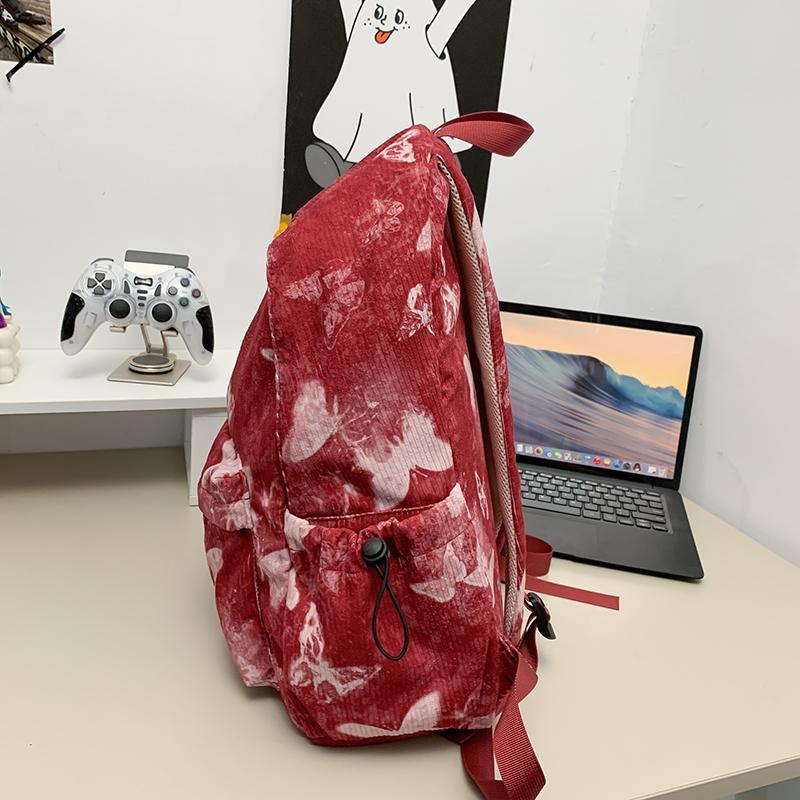 Women's Butterfly Printed Backpack Corduroy Student School Bag Large Capacity Class Backpack