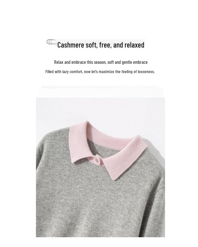 Women's 100% Pure Cashmere Color Block Polo Collar Sweater - Long Sleeve Knit Pullover for Autumn/Winter