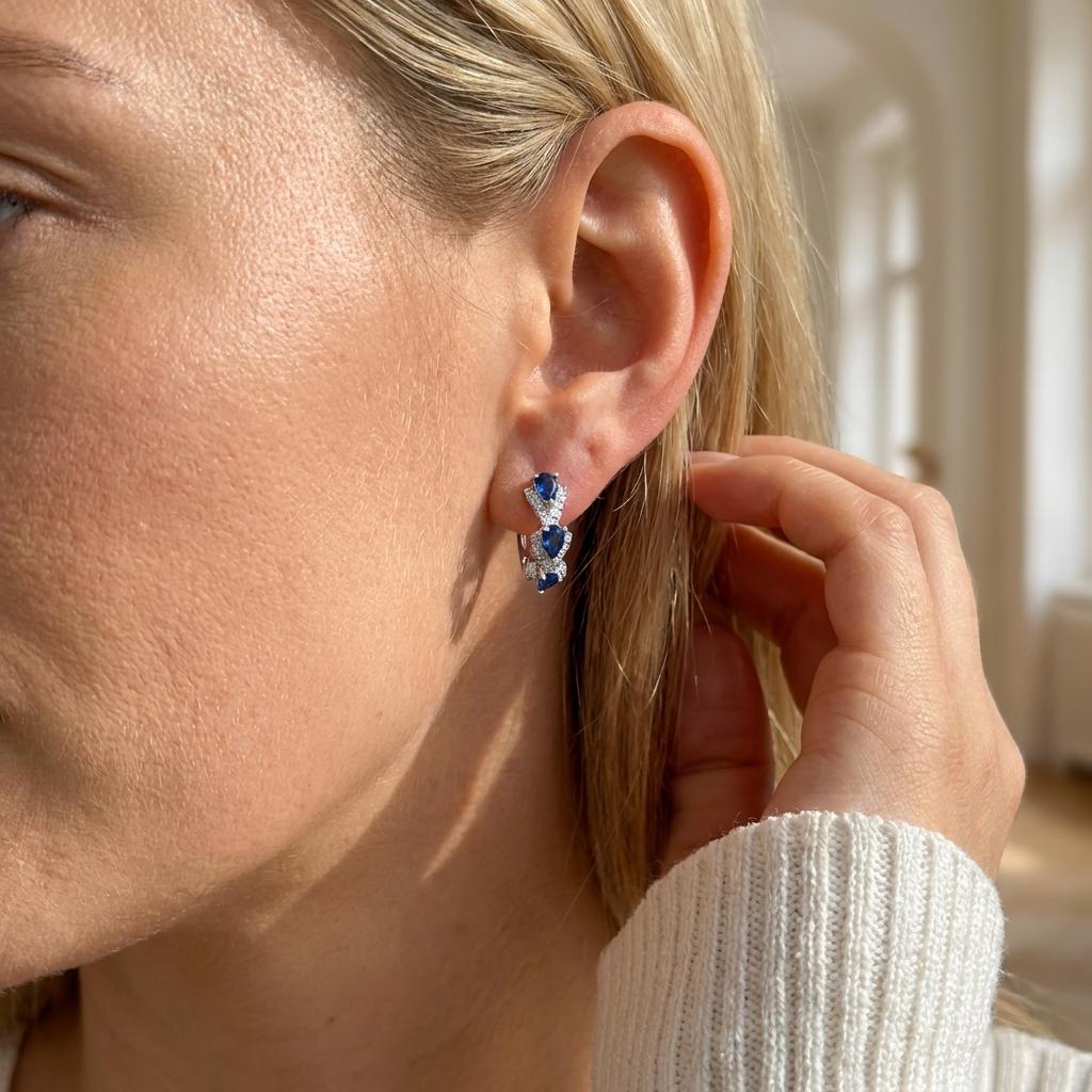 Elegant Copper Hoop Earrings For Women Blue Teardrop Cubic Zirconia Inlaid Delicate Fashion Jewelry
