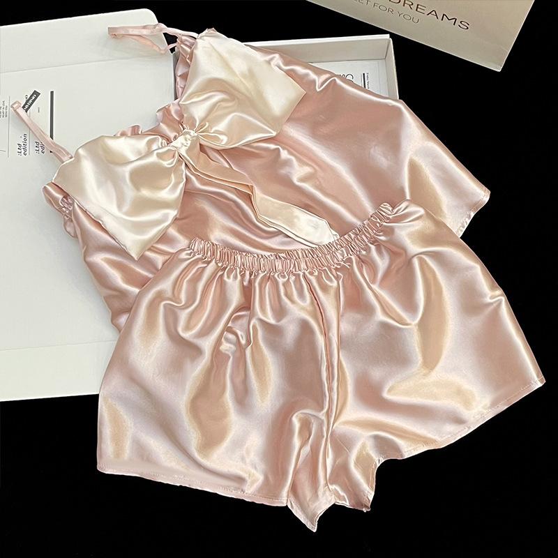 Summer Pajamas Women's Sweet Suspenders Shorts Pure Desire Wind Bow Cute Girls Loungewear Set Tiled