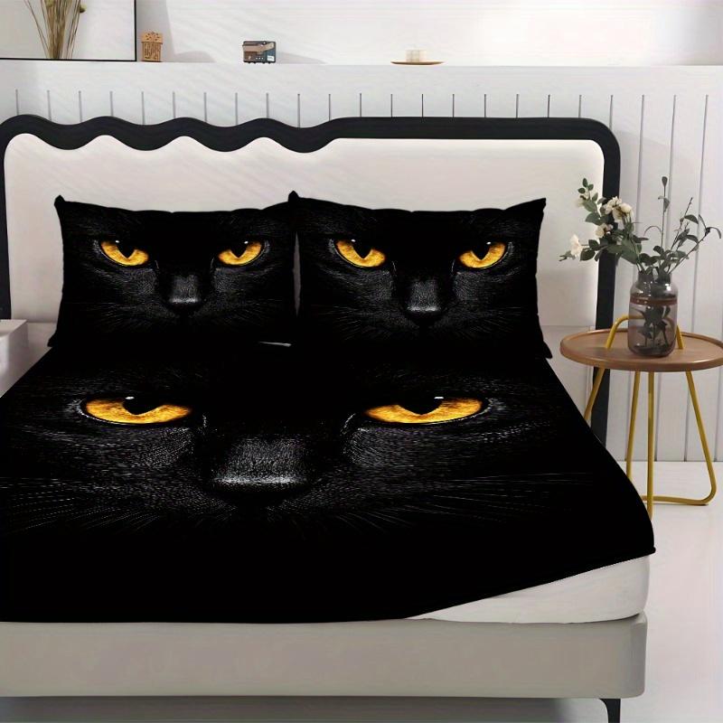 1pc Fitted Sheet Black Cat Printed 100% Polyester Breathable Bedding Set for Home Bedroom Decor Without Pillowcase