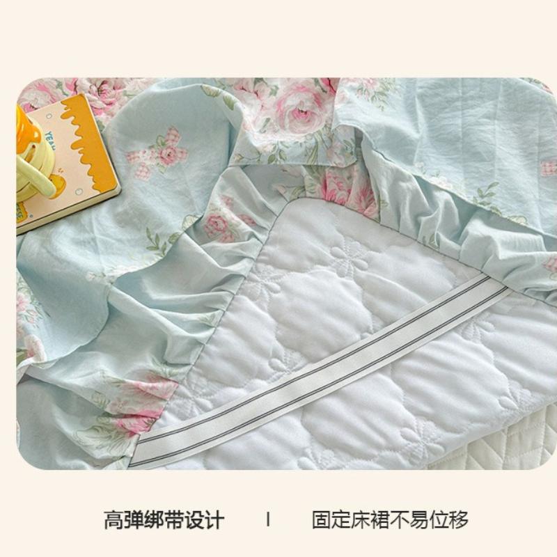 Four Season Universal Washed Cotton Bed Skirt Quilted Padded Thick Ventilate Bed Cover Three Piece Pastoral Floral Bed Sheet Set