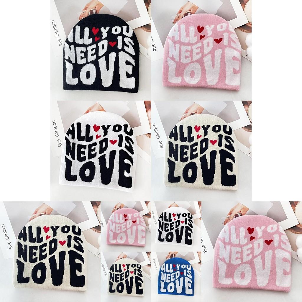 Simple Color Blocked Letter Heart Pattern Women Casual Warm Knitted Hat For Urban Outdoor Use