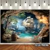 Pirate-themed Backdrop with a Vintage Galleon, Rocky Cove, and Glowing Lantern Inside a Cave