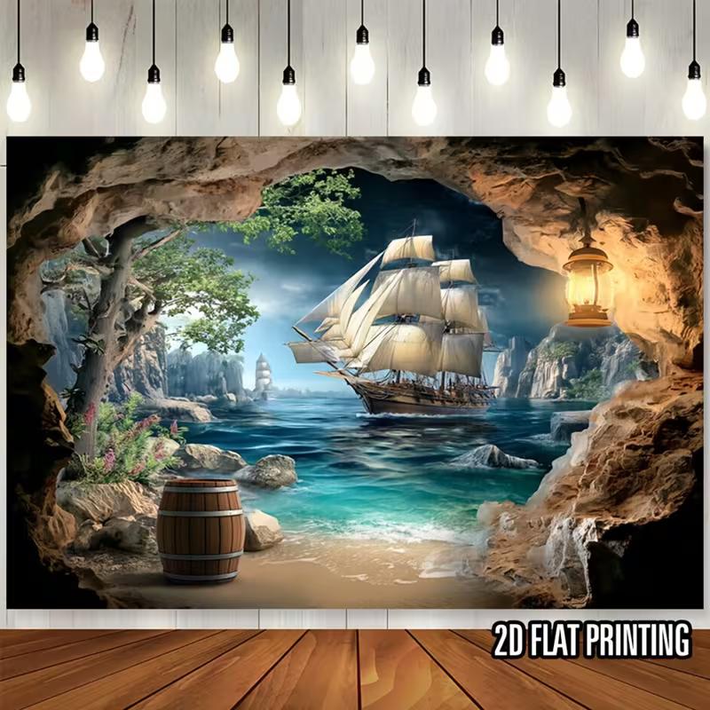 Pirate-themed Backdrop with a Vintage Galleon, Rocky Cove, and Glowing Lantern Inside a Cave