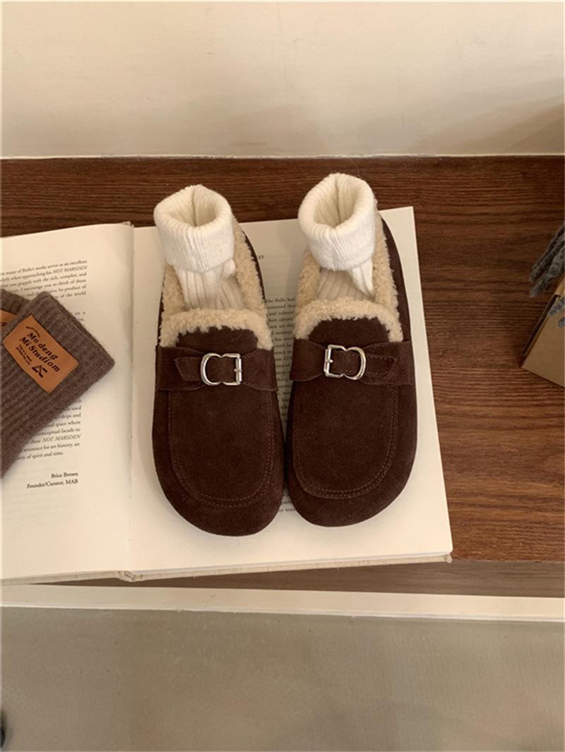 

2025 осень и зима новая матовая кожа круглый носок один педаль Дуду туфли теплые пушистые туфли одинарные туфли повседневная обувь женская 39 темный кофе