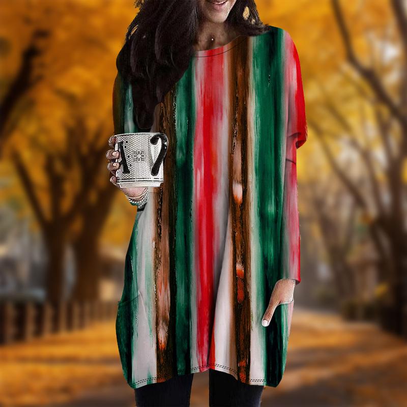 New In Autumn Colored Vertical Line Print Plus Size Dress Women O'neck Long Sleeves Casual Pocket Dresses