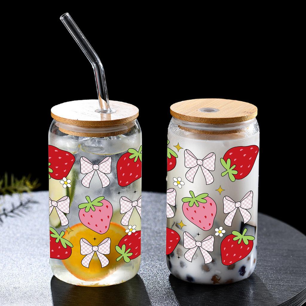 16oz Strawberry Bow Printed Drinking Glass Can With Bamboo Lid Straw Various Patterns Iced/Coffee Tumbler For Christmas Gift