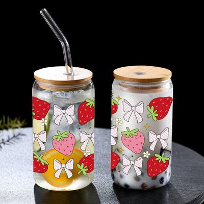 16oz Erdbeere Schleife Bedrucktes Trinkglas Dose mit Bambusdeckel Stroh Verschiedene Muster Eis-/Kaffeebecher für Weihnachtsgeschenk