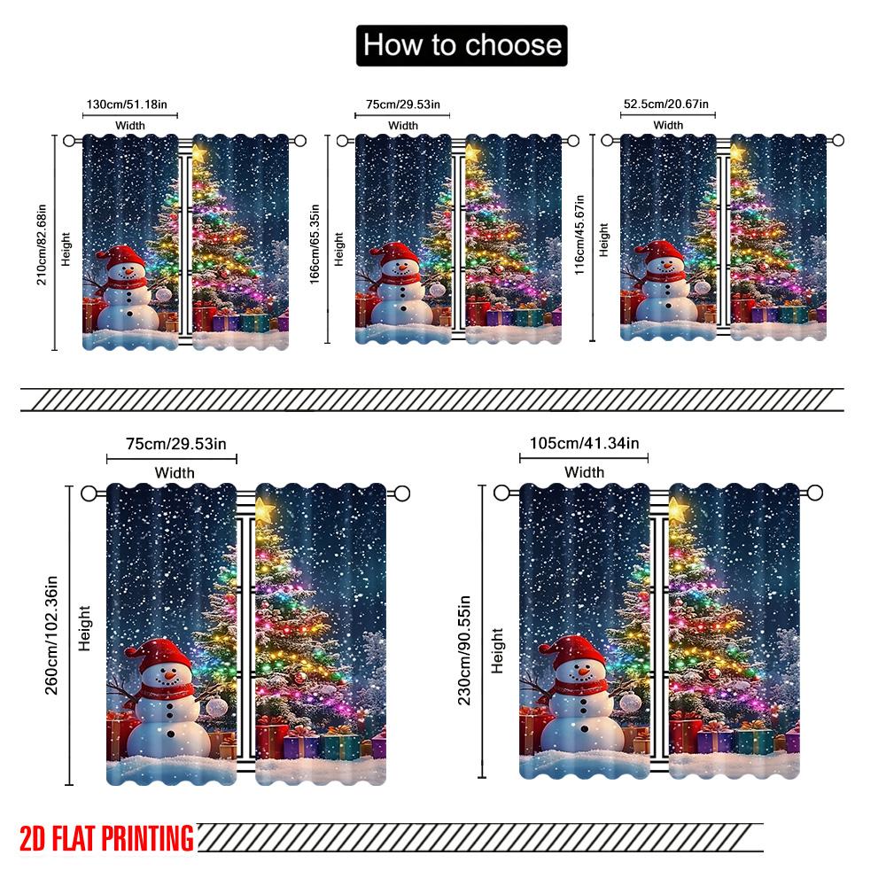 2pcs 2D Flat Printing Christmas Curtain Colorful Christmas Trees and Snowmen In the Snow Durable 100% Polyester Fabric Without