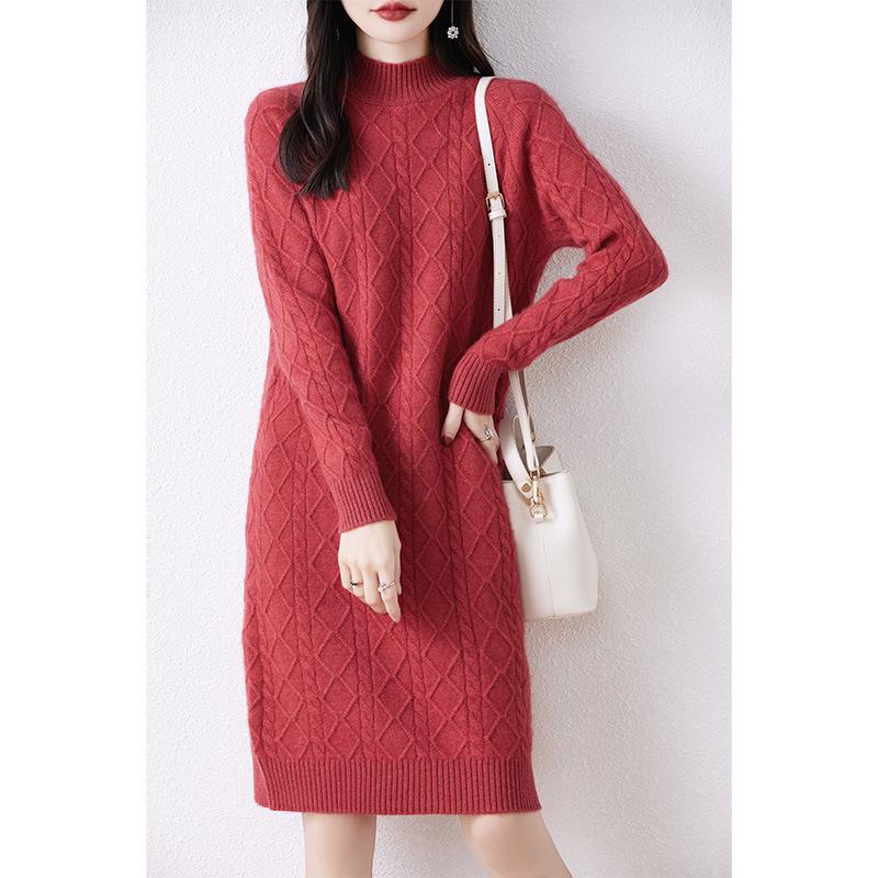 Women's Mid-Length Thickened Pure Wool Knitted Dress with Half-High Collar and Long Sleeves