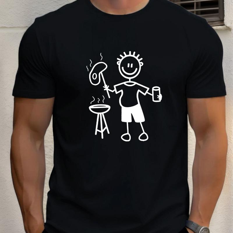 Men S Casual Short Sleeve T-Shirt - Summer BBQ Graphic Print with Cartoon Character S