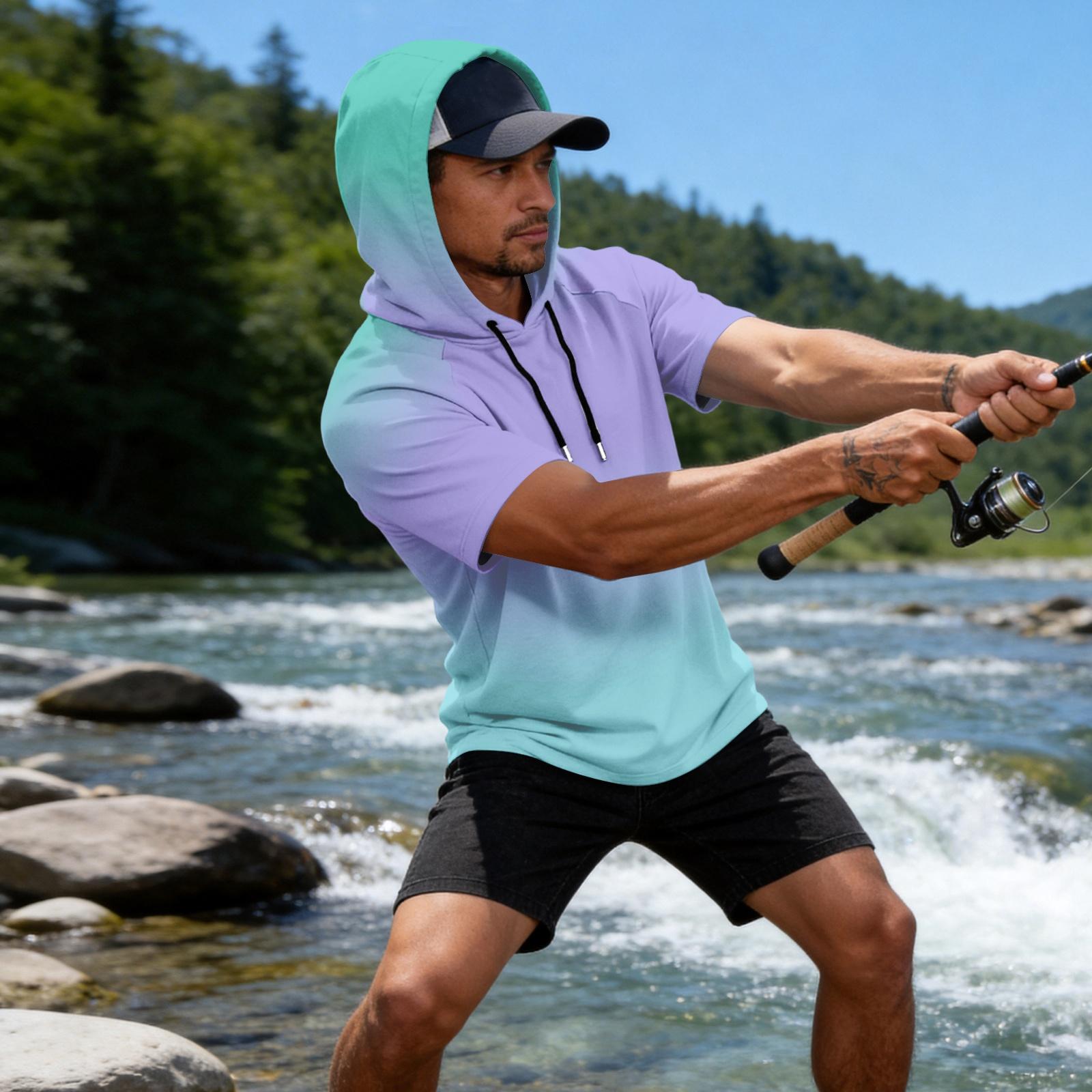 Men s Quick-Dry Short Sleeve Hooded Sun Shirt - 50+ Block, Colorblock Design for Fishing, Hiking, Outdoor Sports XXL