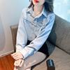 Polo Collar Blue Shirt, Women Design Sense Niche Bow Long Sleeve Shirt, Fashion Ageing Sweet Ladies Shirt