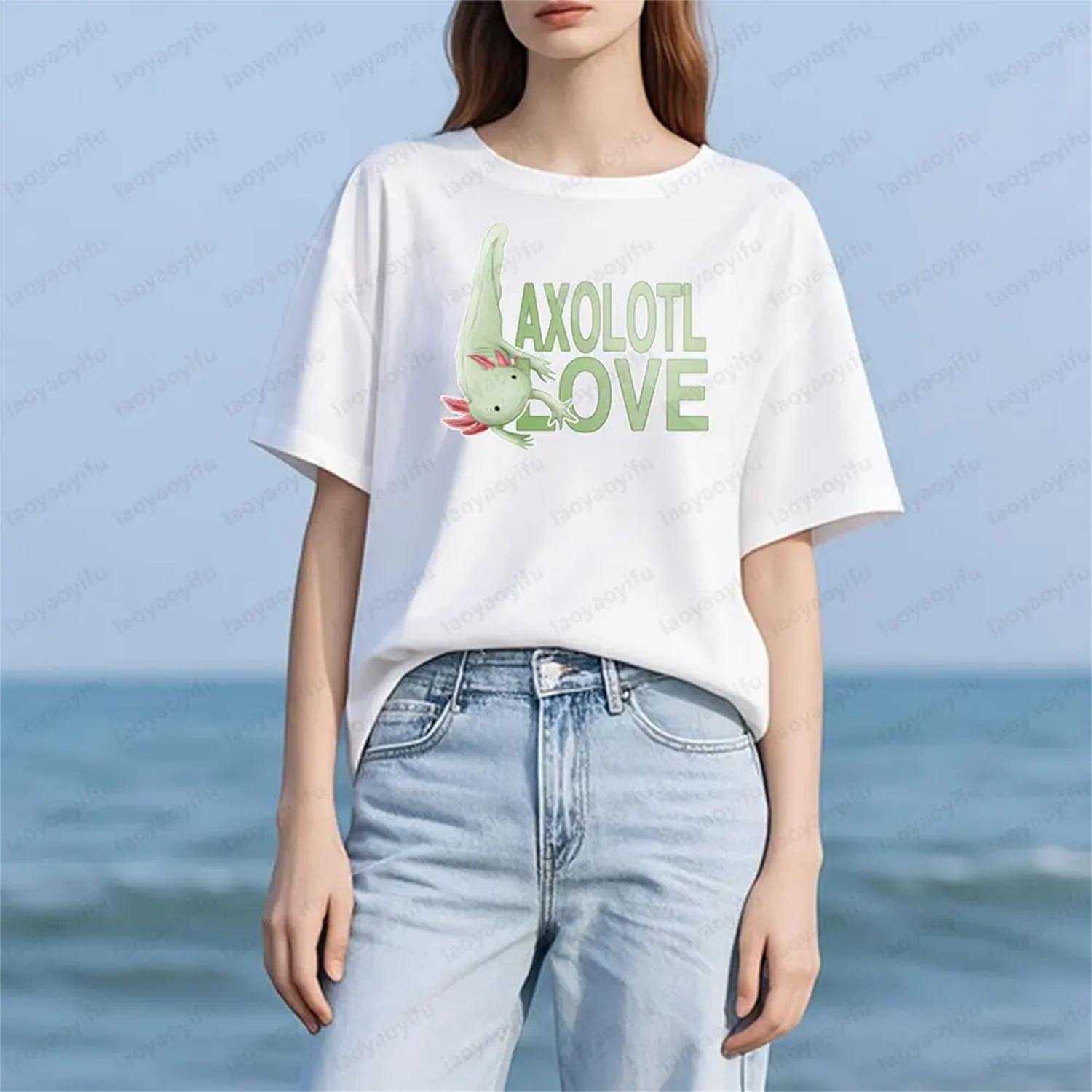 

AXOLOTL LOVE Cute Printed T-shirt Aquatic Animal Lovers Women Crewneck Cotton Short Sleeve Unisex Summer Causal Cotton Tee Tops XXXXXL білий
