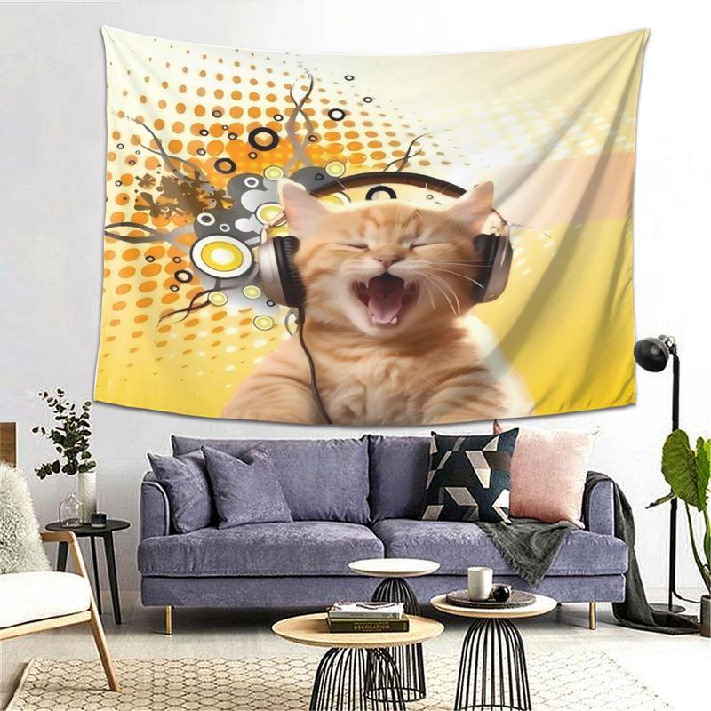 Wall Tapestry Listens To Music With Orange Cat Tapestries Retro Polka Dot Headphones Cat Prints Print Tapestry
