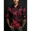 Men's Symmetrical Fluid Pattern Printed Long Sleeved Shirt with Lapel Buttons, Nightclub Party Trendy Men's Top