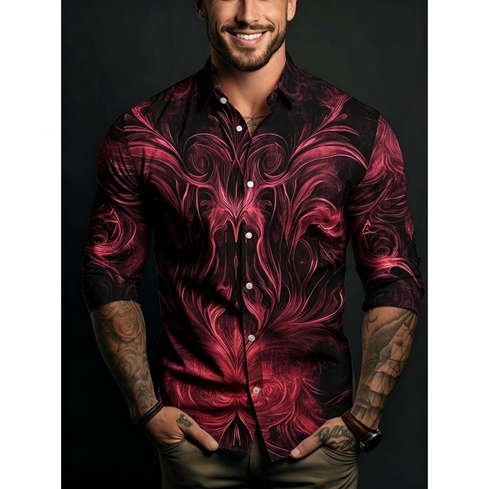 Men's Symmetrical Fluid Pattern Printed Long Sleeved Shirt with Lapel Buttons, Nightclub Party Trendy Men's Top