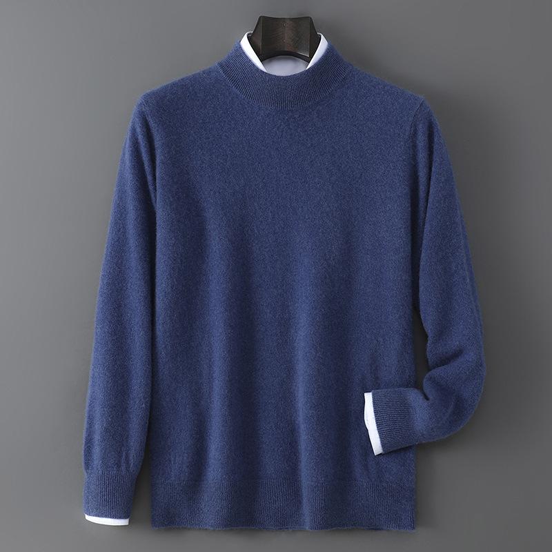 Men's 100% Pure Wool Half-High Neck Sweater - Solid Color, Business Casual Knit Base Layer Top