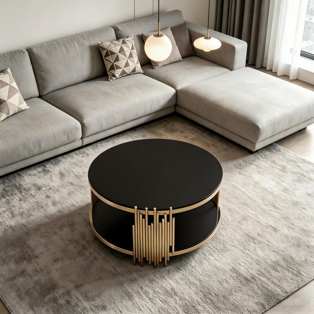 Modern Black Glass Coffee Table,Luxury Living Room Tables with Double Glass Top,Round Coffee Table with Golden Steel Base