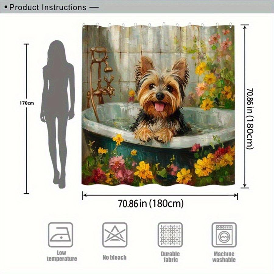 1pc Whimsical Yorkshire Terrier in Bathtub Shower Curtain, Polyester, Machine Washable, with 12 Hooks, for Tranquil Bathroom Dec