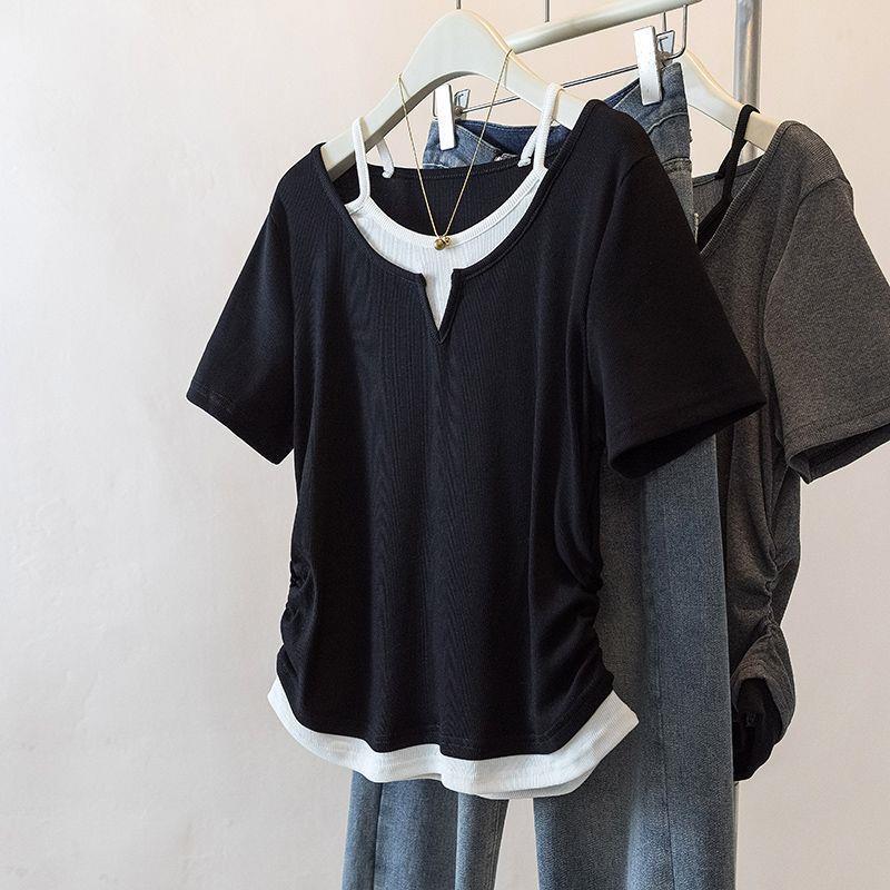 

Plus Size Grey V-Neck Two-Piece Short-Sleeve Loose Fit T-Shirt - Summer Slimming Halter Top for Women 2XL 190-240 lbs