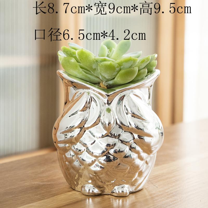 Gardening Electroplated Gold And Silver Ceramic Flower Pot Simple Cartoon Animal Owl Flower Device plants not included
